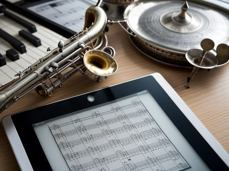 Tablet mit Play-along-Noten neben einer silbernen Trompete beim Üben ohne Band