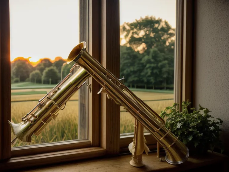 Ein Trompetenmundstück auf einem Fenstersims mit Blick auf die Felder des Münsterlands im Sonnenuntergang – ruhiger Atemfluss als Grundlage beim Trompete lernen
