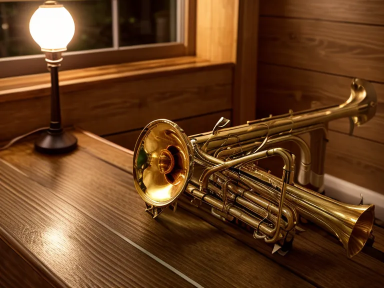 Ein Tablet mit einem Online-Trompetenkurs neben einer Trompete auf einem Holztisch – Online-Musikschule für Feedback aus der Ferne