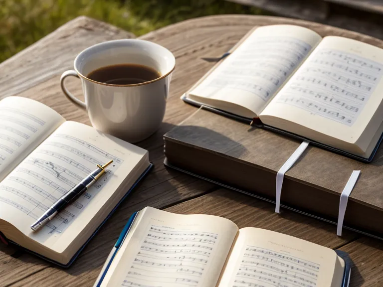Übungstipps zum Trompete lernen im Alter: Notizbuch, Mundstück und eine Tasse Tee auf dem Holztisch